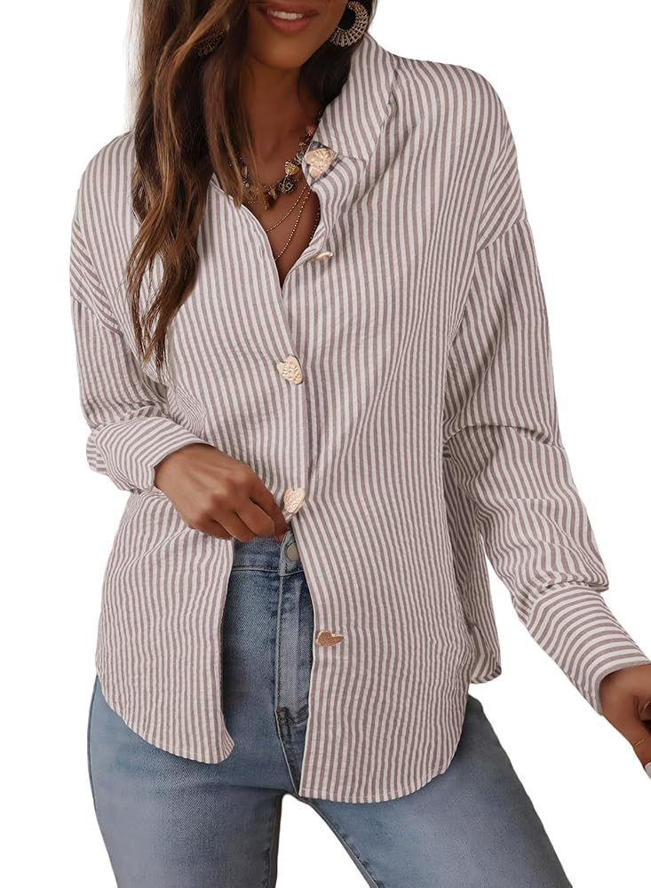 Astylish Women's Striped Dress Shirt Long Sleeve Collared Metal Heart Shaped Button Down Blouse T... | Amazon (US)