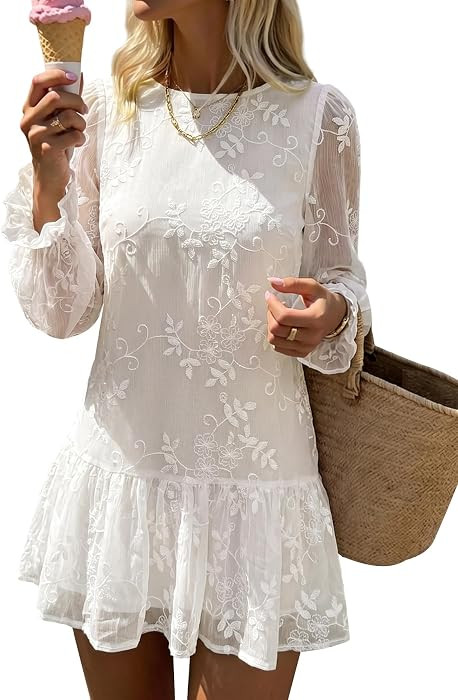 dowerme Women's Casual Embroidered Mini Babydoll Dress | Amazon (US)