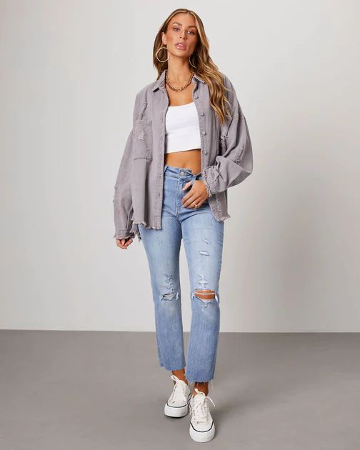 Thinking Out Loud Cotton Distressed Denim Jacket - Violet | VICI Collection