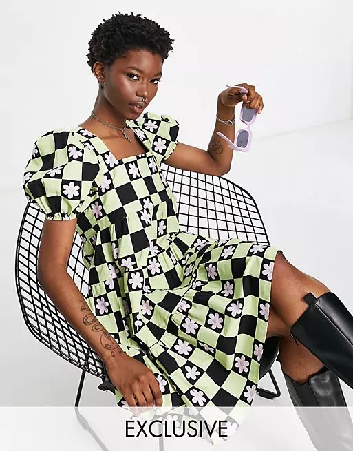 Vintage Supply checkerboard print smock mini dress in multi | ASOS (Global)