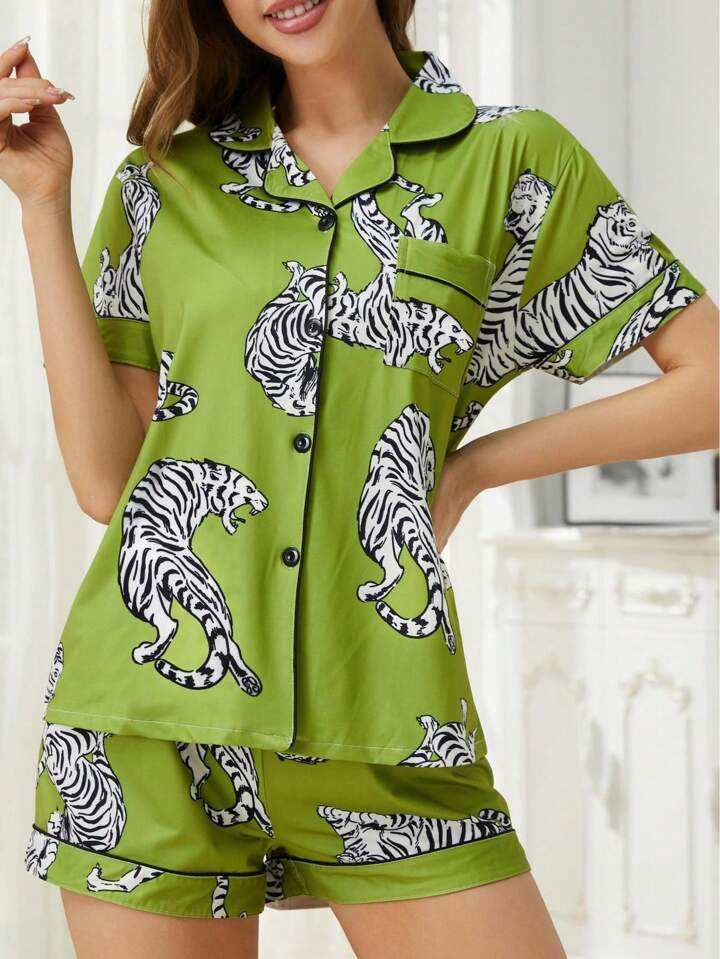 Women's Tiger Print Pajama Set, Lapel Collar Short Sleeve Top And Loose Shorts, Casual Women's Sl... | SHEIN