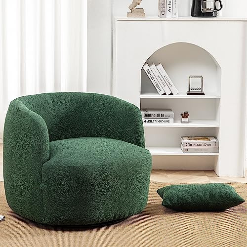 KINWELL 34" Wide Boucle Swivel Barrel Chair, No Assembly Round Upholstered Armchair Accent Chair Single Sofa Chair with Toss Pillow for Living Room and Bedroom, Green | Amazon (US)