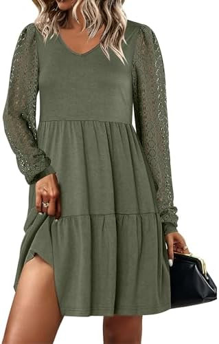 ANRABESS Dresses for Women Casual Lace Long Sleeve V Neck Tiered Swing Flowy Loose A-line Mini Sh... | Amazon (US)