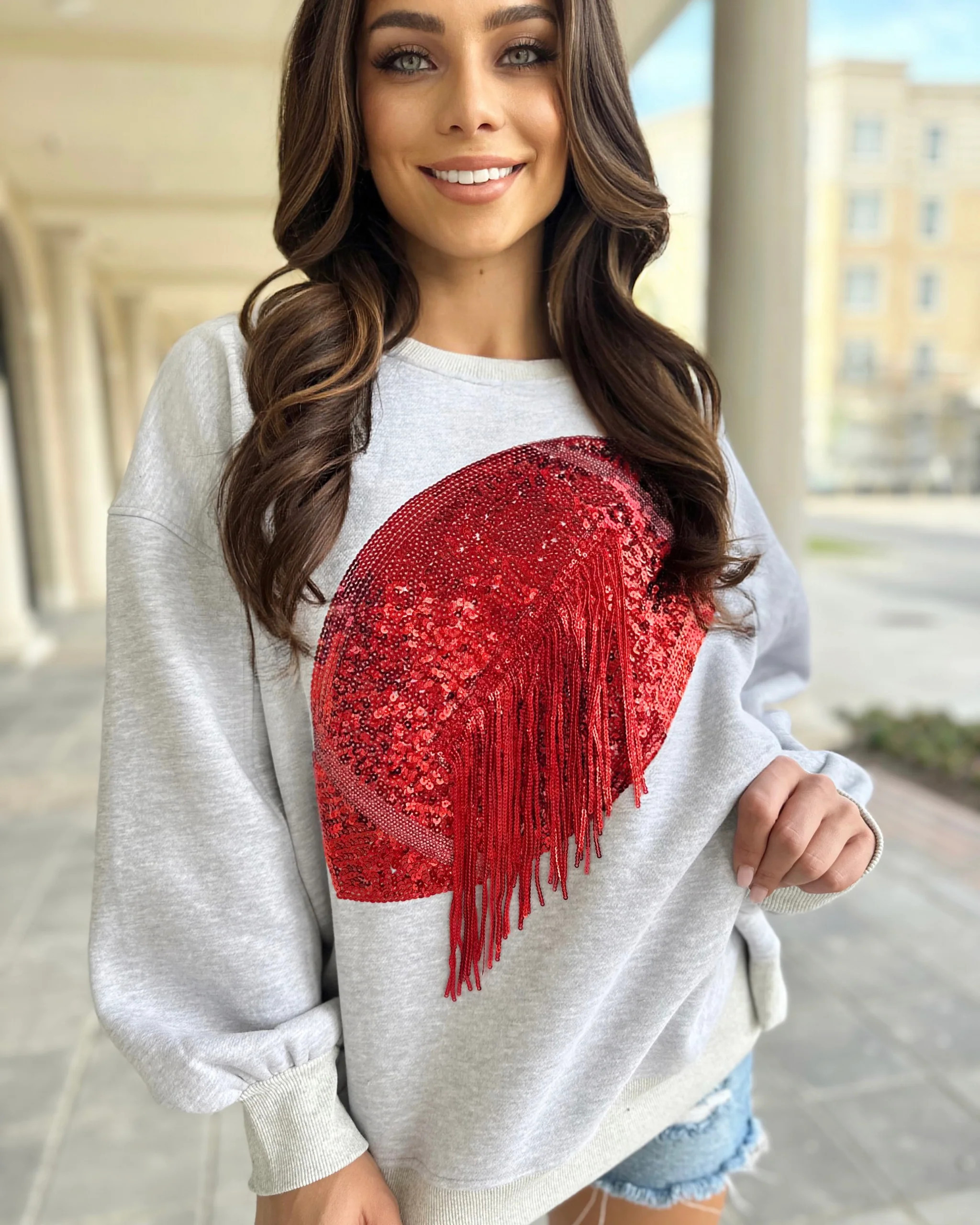 Gray/Red Sequin Fringe Football Pullover (Ships 10/20) | Live Love Gameday®