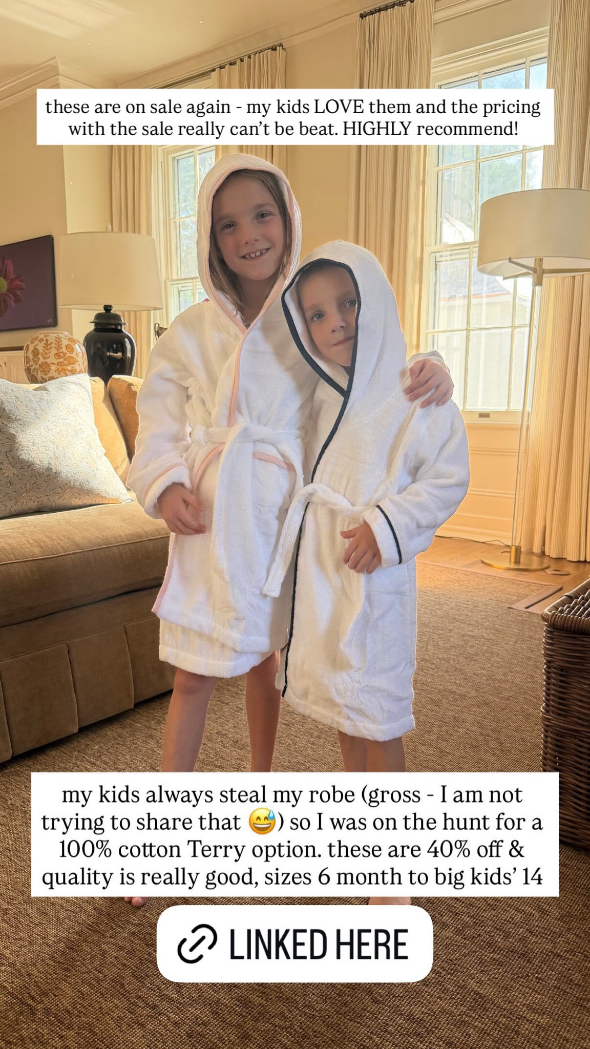 these are on sale again - my kids LOVE them and the pricing with the sale really can't be beat. HIGHLY recommend!

my kids always steal my robe (gross - I am not trying to share that e) so I was on the hunt for a 100% cotton Terry option. these are 40% off & quality is really good, sizes 6 month to big kids' 14

#LTKmomlife #LTKSaleAlert #LTKKids