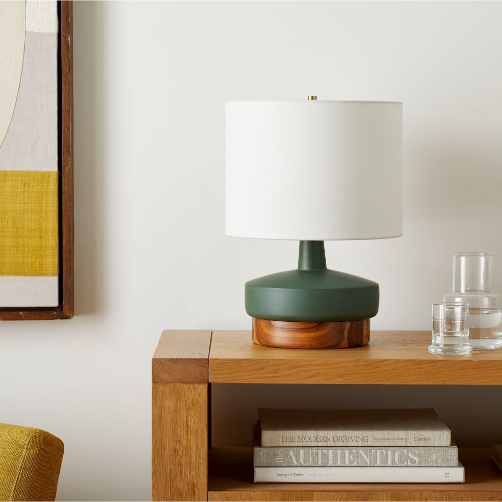 Wood and Ceramic Table Lamp Green White Linen (17&amp;quot;) | West Elm (US)