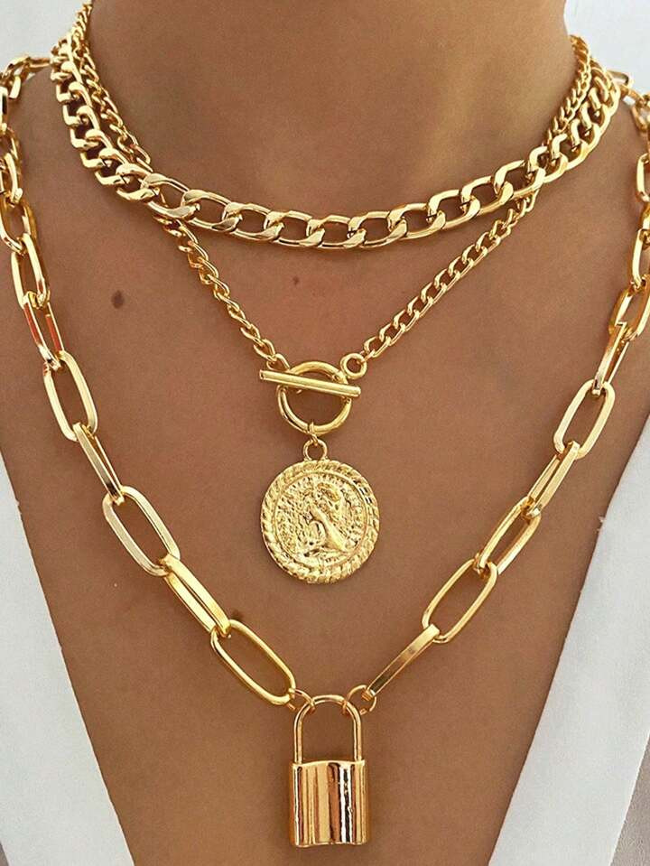 3pcs/Set Multi-Layer Coin & Padlock Pendant Necklace For Women Ot Clasp Thick Chain Necklace | SHEIN