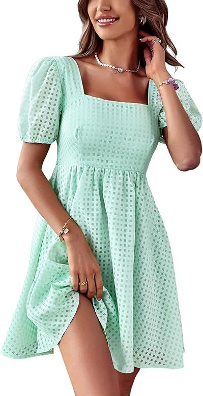 Raikamitu Women's Summer Lantern Sleeve Square Neck Dress Open Back Cute Babydoll A-Line Vintage ... | Amazon (US)