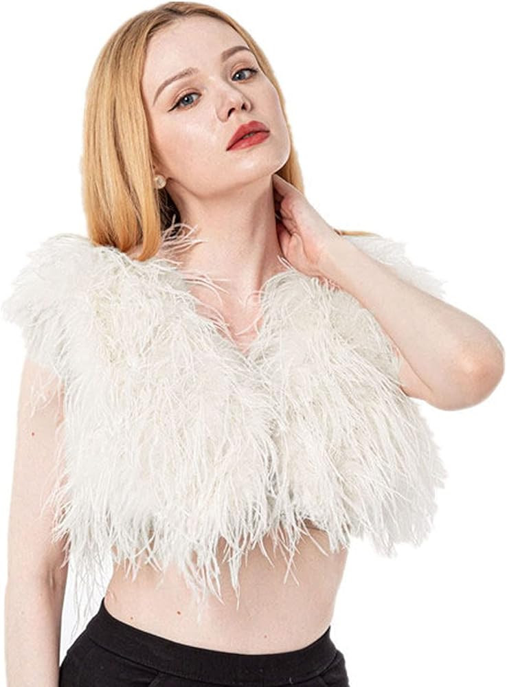 Women Ostrich Fur Feather Small Vest Bolero for Wedding for Party Bride Furry White Color Blush F... | Amazon (US)