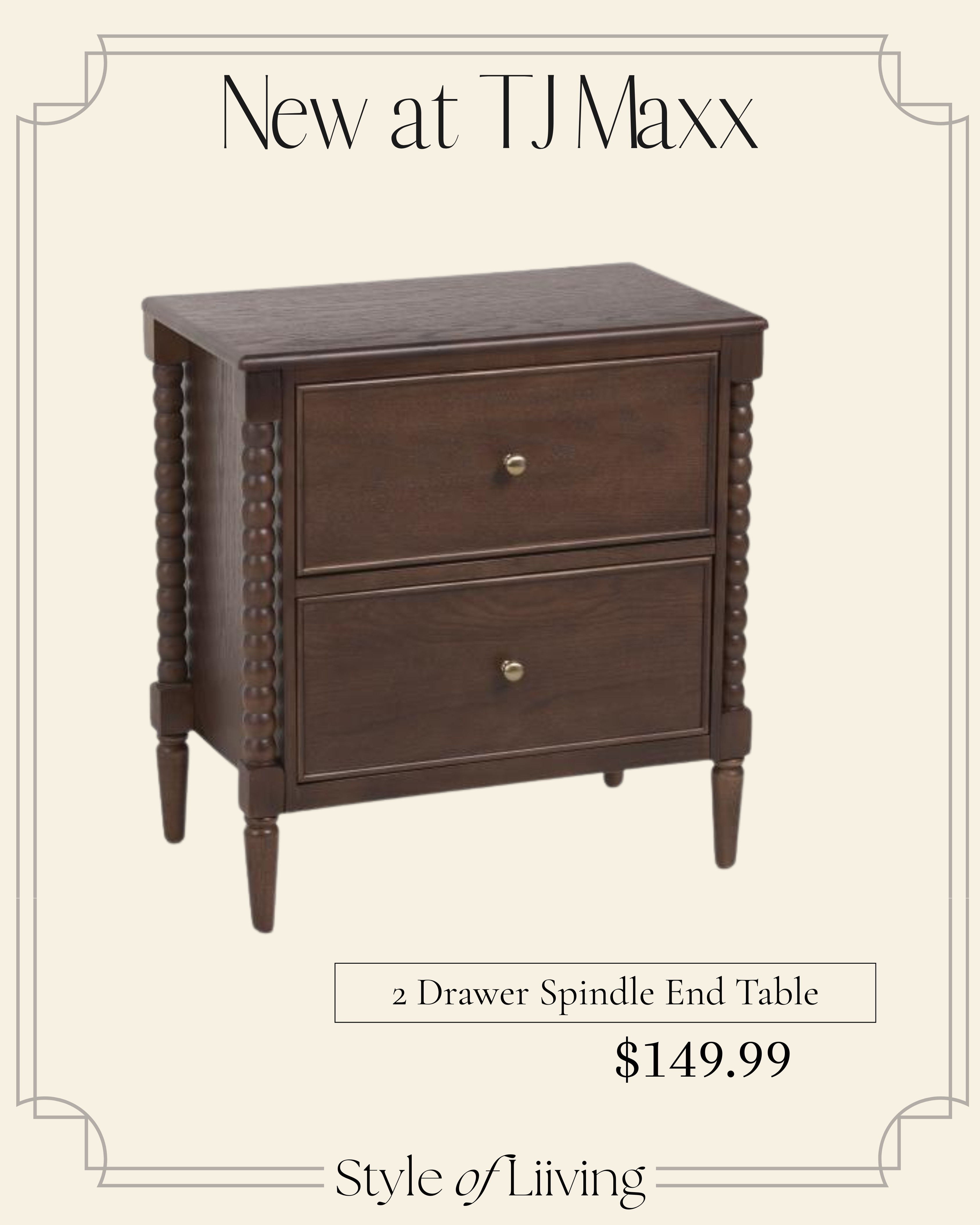 New at TJ Maxx! Two drawer spindle end table for $149.99 in the color walnut brown. #tjmaxx #marshalls #endtable #sidetable #furniture 

 #LTKSeasonal #LTKHome #LTKSaleAlert