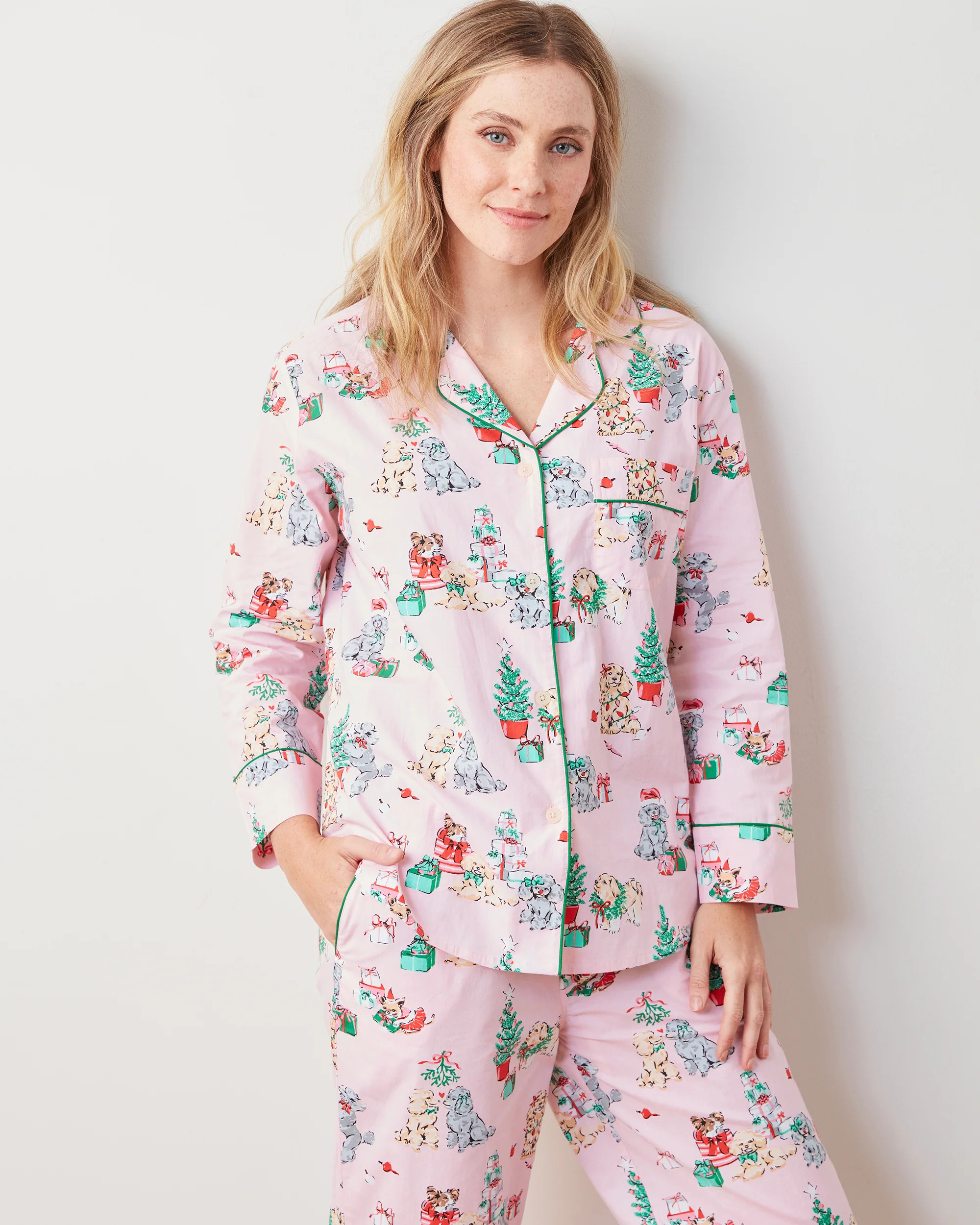 PF x The Hiltons Christmas Poodle Party - Long PJ Set - Rose | Printfresh