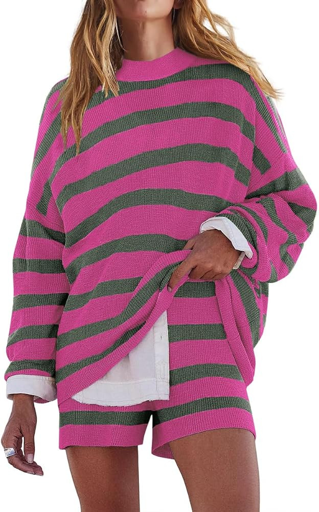 Womens Striped Sweater Set Oversized Lounge Sets Long Sleeve Sweater Top and Shorts Matching Pajamas | Amazon (US)