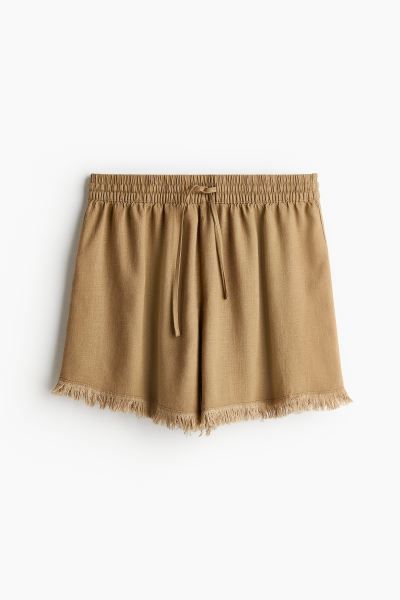 Linen-blend pull-on shorts - High waist - Short - Light beige - Ladies | H&M GB | H&M (UK, MY, IN, SG, PH, TW, HK)