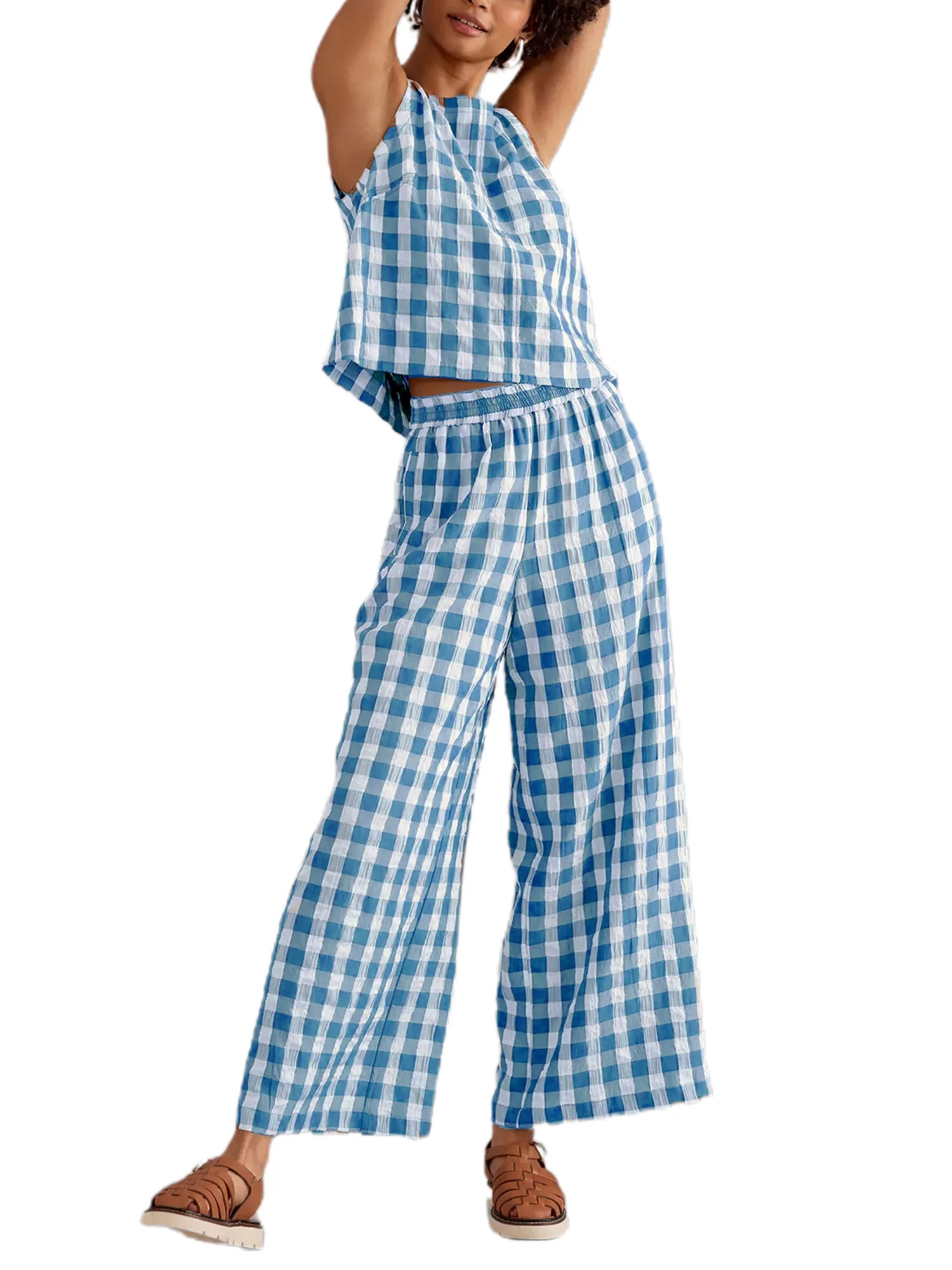 Rdhnmea Women Pajamas Lounge Set Plaid Sleeveless Tank Tops and Wide Leg Pants 2 Piece Loungewear... | Walmart (US)