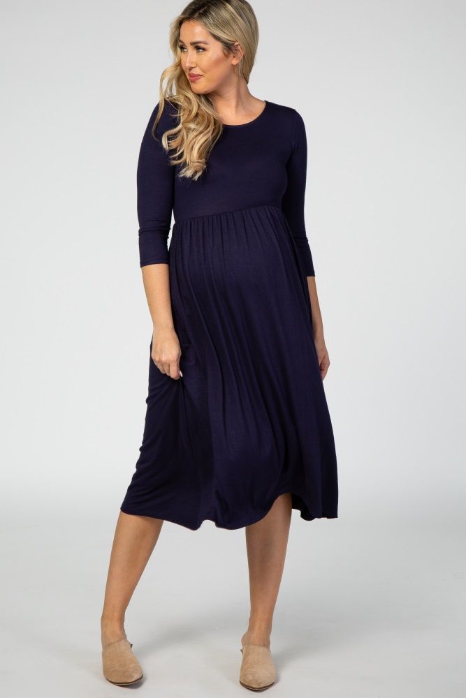 PinkBlush Navy 3/4 Sleeve Maternity Midi Dress | PinkBlush Maternity