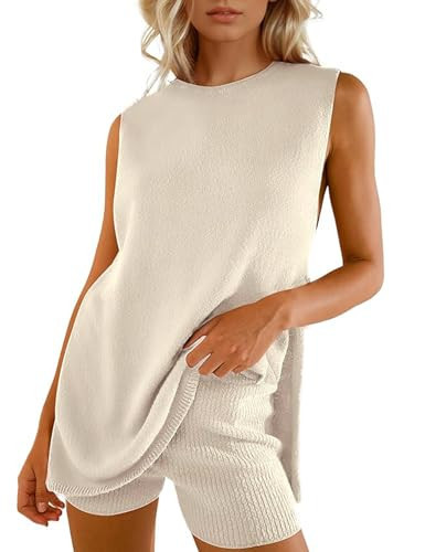 Wyeysyt 2 Piece Sets for Women Summer, Sweater Set Sleeveless Tunic Top and Shorts Beach Vacation Sets Tracksuits (Apricot-M) | Amazon (US)