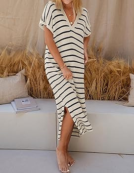 ZESICA Women's Summer Striped Maxi Dress 2024 Casual Short Sleeve V Neck Loose Knitted Side Slit ... | Amazon (US)