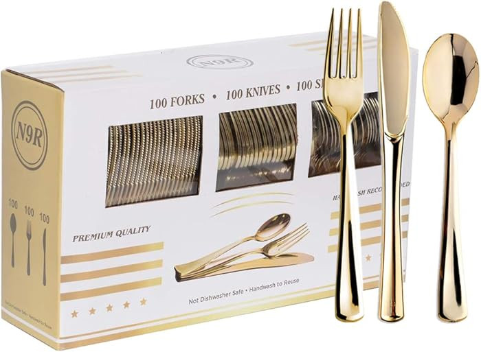 N9R 300PCS Gold Plastic Silverware, Heavy Duty Gold Plastic Cutlery Set Disposable Flatware Dinne... | Amazon (US)