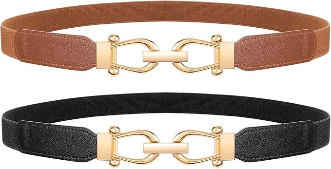 LEACOOLKEY 2 Pack Women Skinny Stretch Belts for Dress Elastic Thin Waist Belt with Gold Buckle f... | Amazon (US)