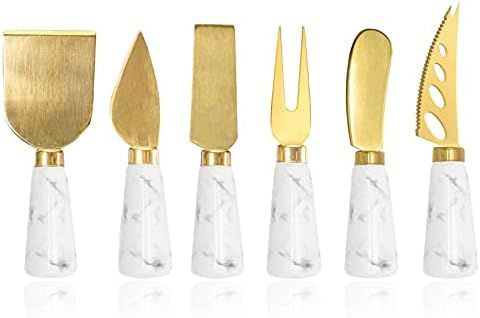 Golden Cheese Knife Set 6 Piece, Marble Handle Butter Spatula Knives, Cheese Spreader Cutter with Er | Amazon (US)