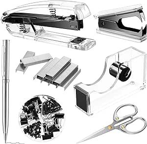 Outus Office Supplies Set Desk Accessory Kit, Acrylic Stapler Set Staple Remover, Tape Dispenser,... | Amazon (US)