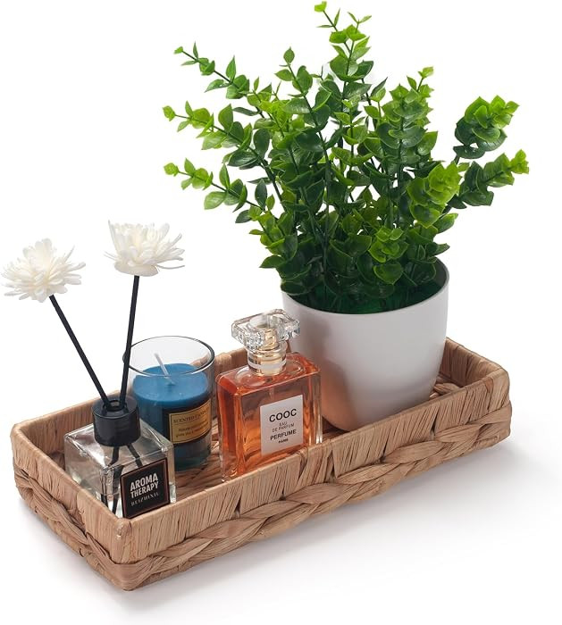 Woven Bathroom Vanity Tray for Storage Water Hyacinth Back of Toilet Basket Long Narrow Guest Tow... | Amazon (US)