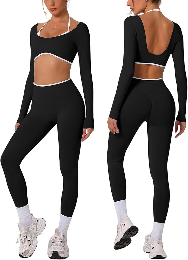 Workout sets for women Long Sleeve Adjustable halter strap Crop Top and Anti-squat Pants for gym,... | Amazon (US)