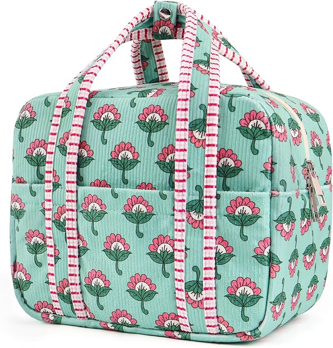 Aesthetic Corduroy Insulated Lunch Bag for Women, Floral Block Print Lunch Box with Pocket, Spaci... | Amazon (US)