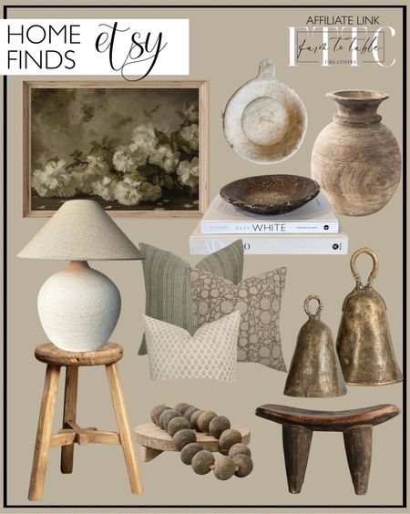 Etsy Home Finds. Follow @farmtotablecreations on Instagram for more inspiration.

Printable Moody Floral Painting, Vintage Still Life Print, Floral Art Print, Moody Still Life Art Print, Printable Botanical Print. Beau | Pillow Combination Linen and James. Antique Neutral Wooden Vase, Farmhouse Boho Home Decor, Tabletop Shelf Decor, Wabi Sabi Vase. Large vintage rustic marble stone bowl. Medium antique marble parat trays. Unglazed Ceramic Textured Stoneware / Earthenware Style Nordic Bohemian Table Lamp Bedside Lamp for Living Room, Entryway and Bedroom. Vintage Reclaimed Elm Round Stool (Free Shipping). Vintage African Cow Bell (Free Shipping). Antique African Large Clay Hand Made Bead Strand (Free Shipping). Vintage Carved African Senufo Ottoman / Stool {Dark} (Free Shipping). 

#LTKHome #LTKSaleAlert #LTKFindsUnder50