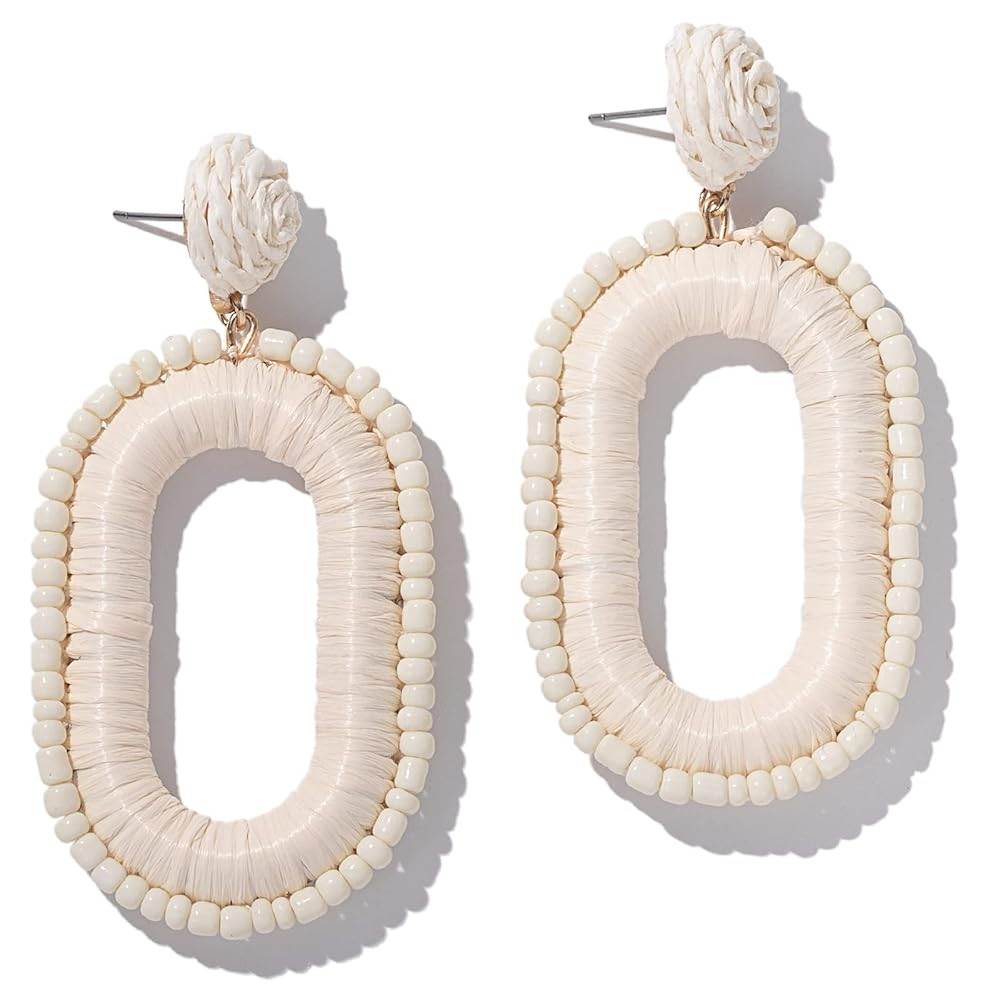 Beaded Raffia Boho Earrings - Cute Seed Bead Square Drop Dangle Earrings for Summer | Amazon (US)