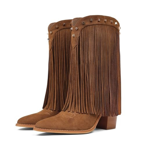 CYNLLIO Women's Brown Fringe Cowboy Boots Cowgirl Western Botas Size 9.5 | Amazon (US)