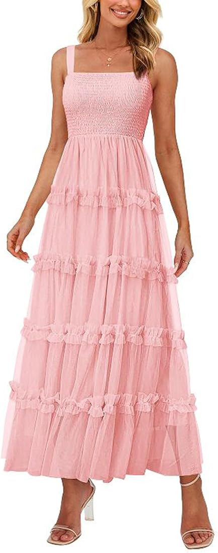 PRETTYGARDEN Women's Summer Dresses 2025 Sleeveless Smocked Tiered Ruffle Tulle A-Line Flowy Wedd... | Amazon (US)