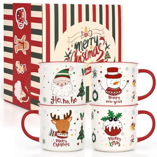 YHRJWN Christmas Mugs Set of 4, Festive Design Coffee Mugs with Santa Snowman Reindeer, Holiday Mugs for Hot Cocoa, Gifts for Family Friends, Holiday Decor, 13 Oz | Amazon (US)