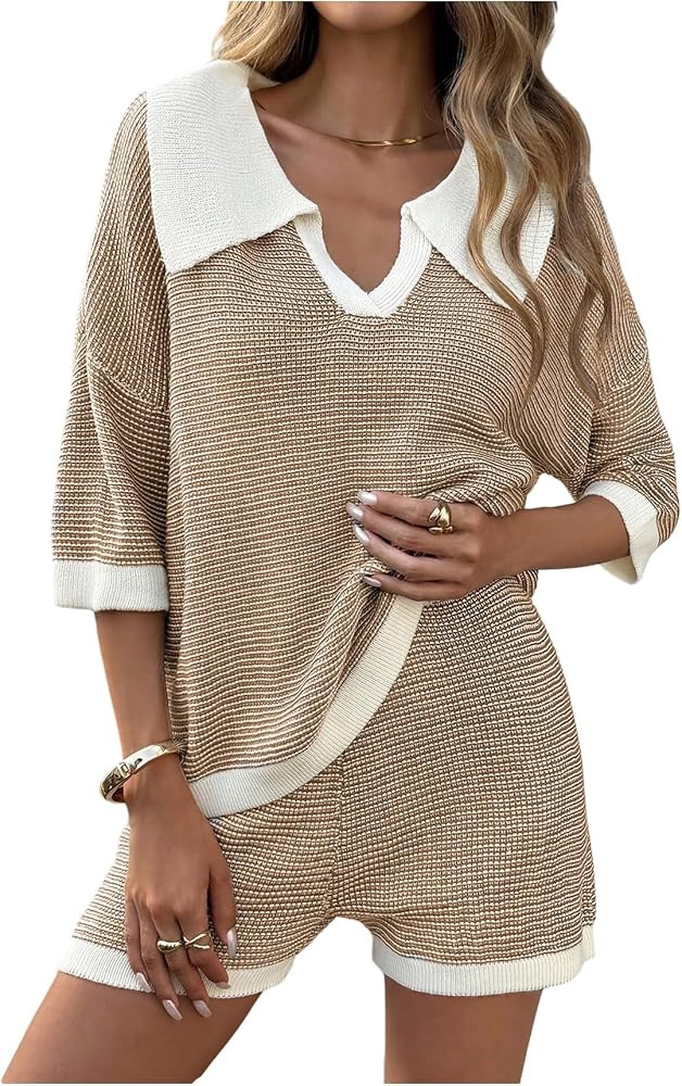 MakeMeChic Women's Fall 2 Piece Knit Outfits Collar V Neck Half Sleeve Sweater and Shorts Matchin... | Amazon (US)