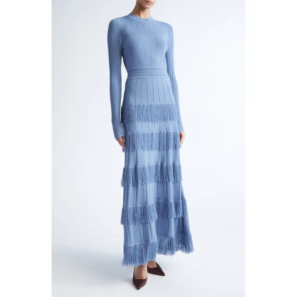 Lela Rose Piper Fringe Long Sleeve Sweater Dress in Cornflower at Nordstrom, Size Small | Nordstrom