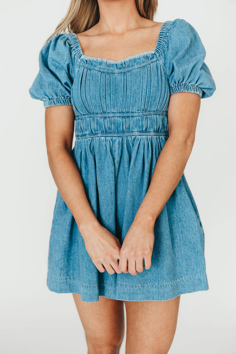 Juniper Puff Sleeve Pleated Romper in Washed Denim | Worth Collective