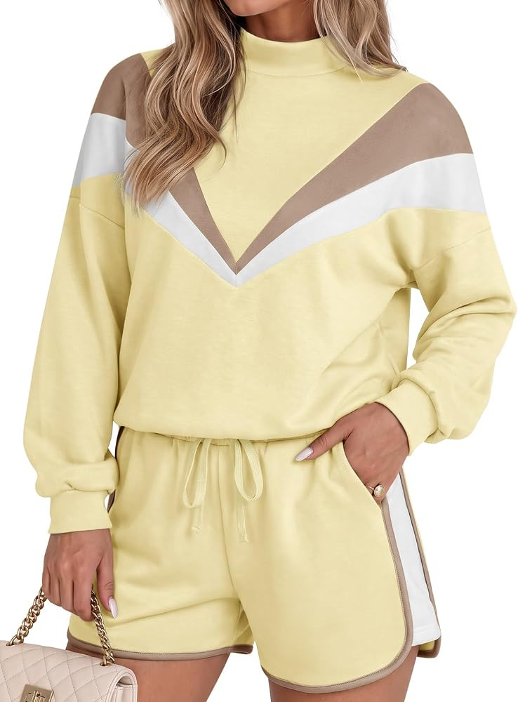 Fisoew Womens 2 Piece Outfits Sweatsuit Long Sleeve Pullover Shorts Sets | Amazon (US)