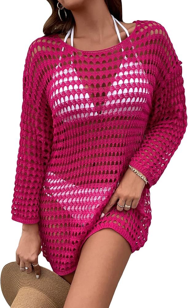 Cozyease Women's Crochet Hollow Out Cover Up Swimsuit Long Sleeve Drop Shoulder Cover Up Beach Wear | Amazon (US)
