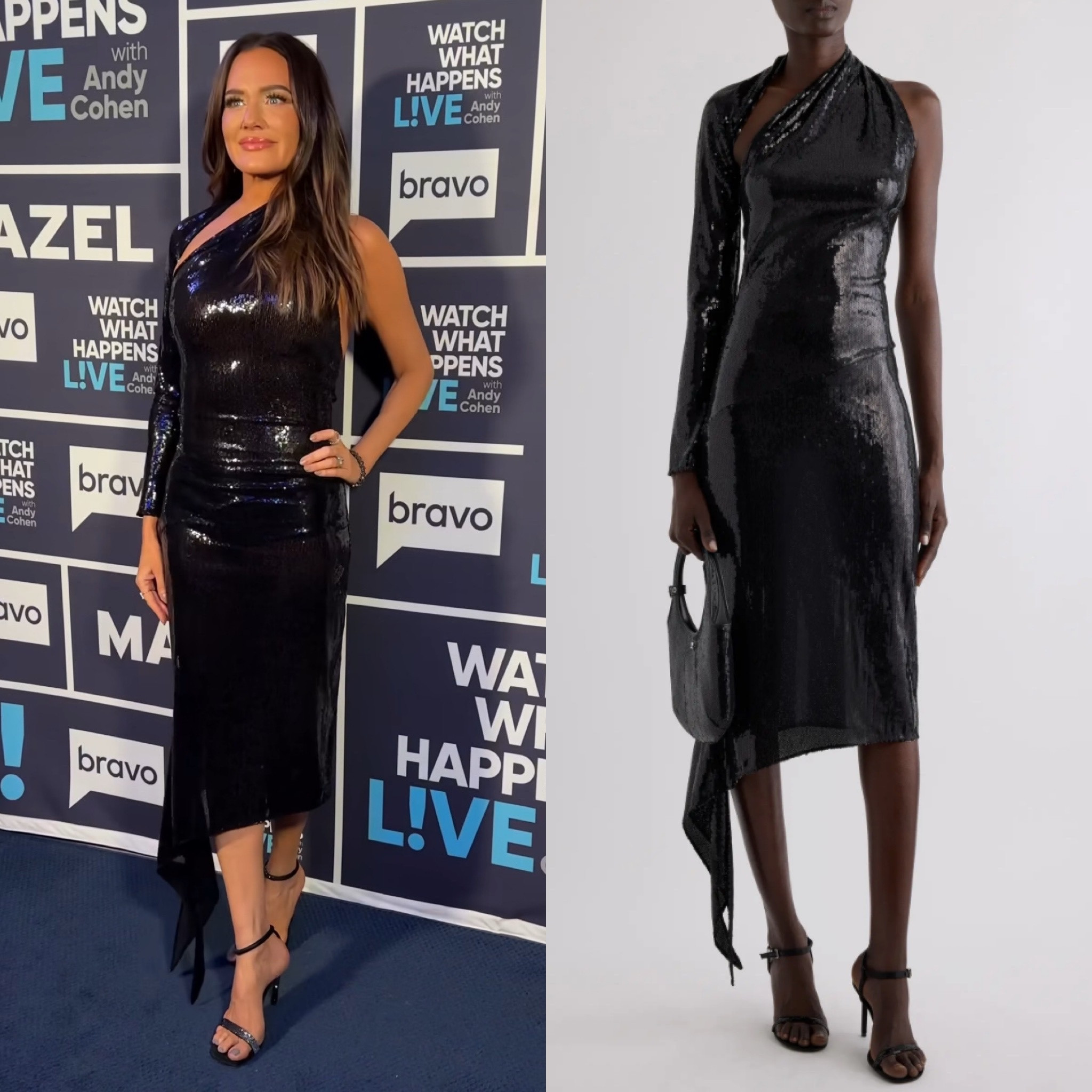 Meredith Marks’ Black Sequin Asymmetric Dress on #WWHL 📸= @bravowwhl