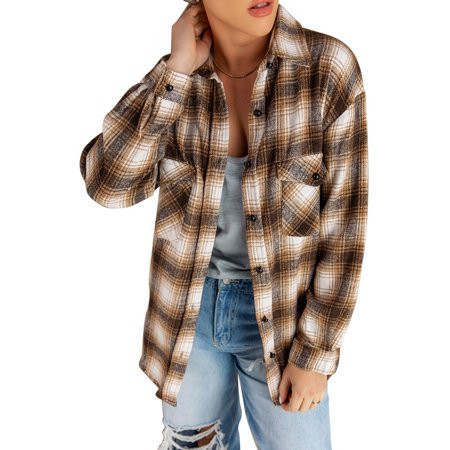 Women Brown Buttons Pocketed Plaid Shacket | Walmart (US)