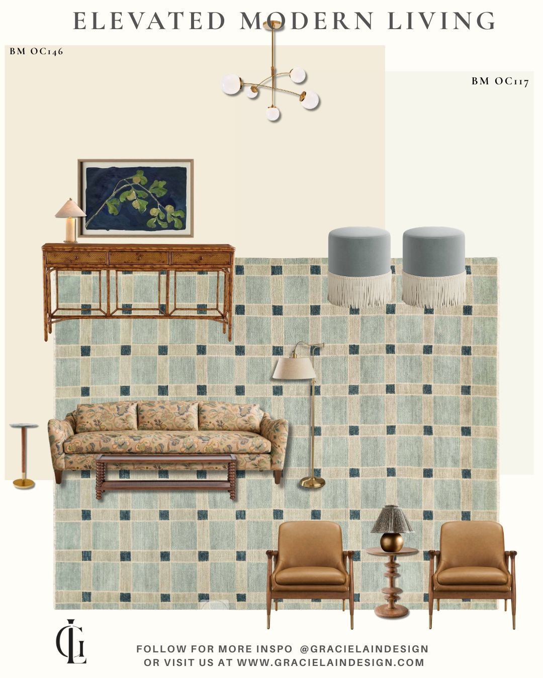 Elevated modern living at its finest ✨ From the gorgeous patterned sofa and sumptuous leather chairs to the fun colorblock plaid rug and stunning framed art by Brittney Schulz, every detail in this space was designed to feel both sophisticated and inviting. The unique bamboo console, brass lighting, and lovely stools add the perfect finishing touch—creating a space made for catching up after a long day, entertaining friends, spending time with family, or simply curling up with a great book. 🤍

Follow along for more elevated interiors and timeless inspiration at GracieLainDesign.com ✨

#LTKhome #LTKStyle #ModernLivingRoom #InteriorDesign #ModernInteriors #CollectedHome #EclecticModern #LivingRoomInspo #HomeDecor #DesignerDetails #PatternPlay #ColorfulInteriors #LuxuryInteriors #BrittneySchulz #StyledSpaces #InteriorStyling #CozyLuxury #EntertainInStyle #ReadingNook #GracielainDesign 

 #LTKHome #LTKSaleAlert