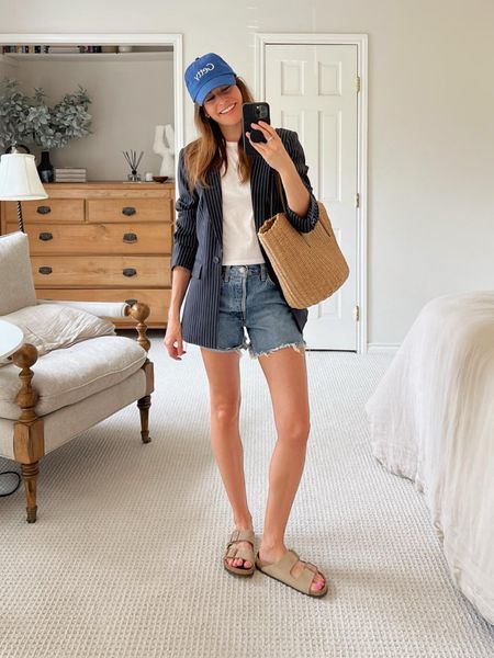 Styling AGolde Parker jean shorts with Birkenstock Arizonas, a pinstripe blazer, and a baseball cap. Oh ya and a big straw tote! 

#LTKsalealert #LTKstyletip #LTKSeasonal