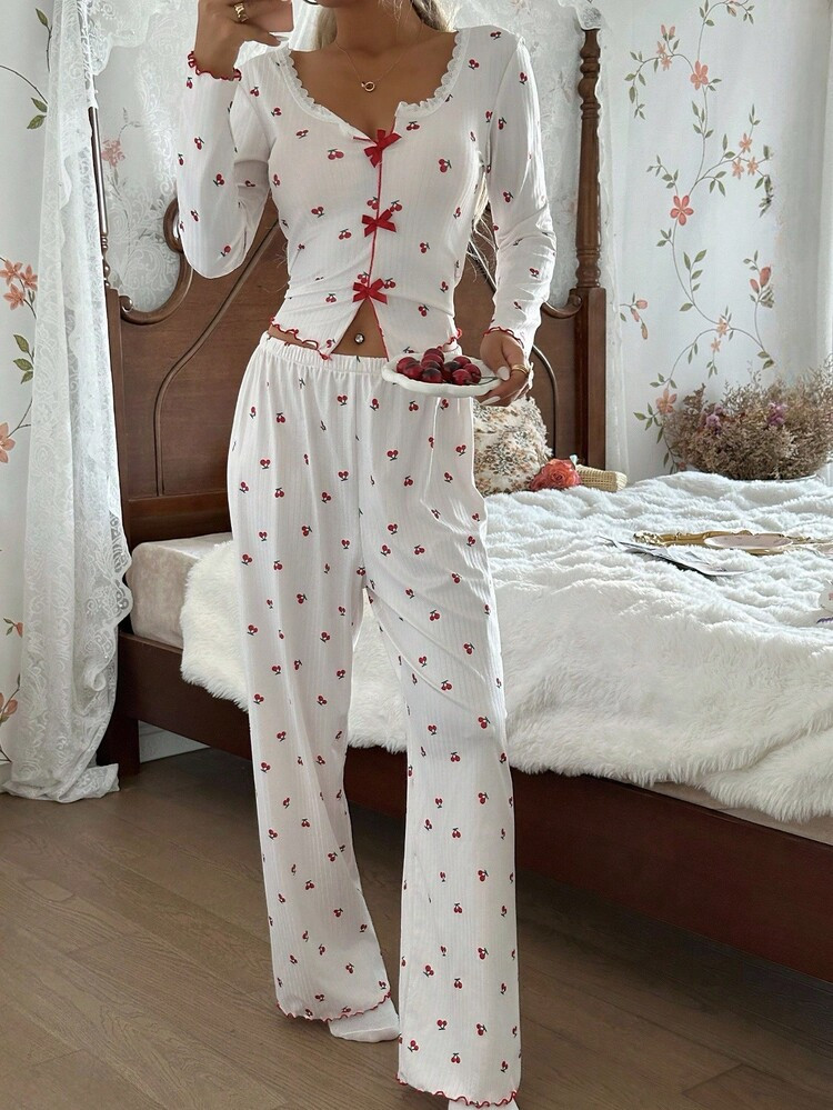 CottageSlumber Women's Romantic Lace Fitted Notch Neck Cherry Print Pajama Set Cherry Pajama Set Two Pieces Pajama Set Women Pajama Set Sleepwear Set Pajamas Cozy And Elegant Details, Fall Winter Clothes | SHEIN