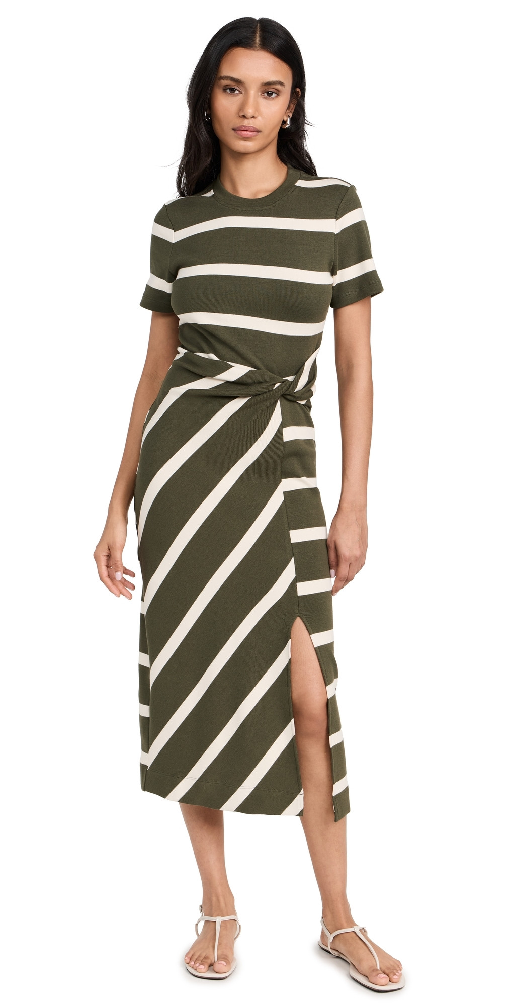Tanya Taylor Short Sleeve Striped Cody Dress Army/Cream L | Shopbop