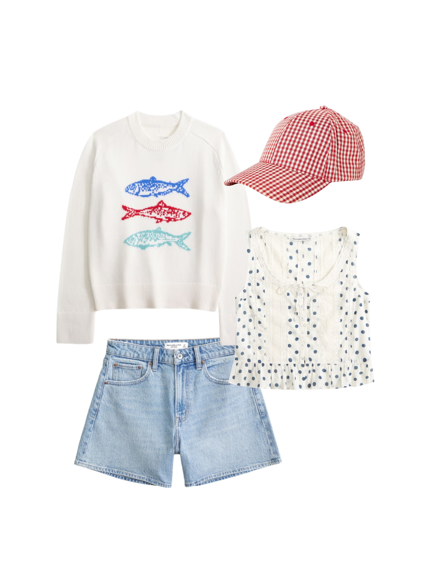 Easter outfit inspo - Coastal Fun. Dopamine dressing, illustrative sweater, polka dots, gingham and denim shorts 

 #LTKspring #LTKstyletip