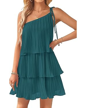 ZESICA Women's 2024 Boho Summer One Shoulder Sleeveless Ruffle Tiered Layered Chiffon Pleated A L... | Amazon (US)