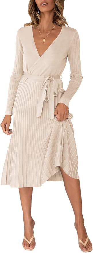 Linsery Women's Ribbed V Neck Long Sleeve Wrap Fitted Knit Pleated Maxi Dress | Amazon (US)