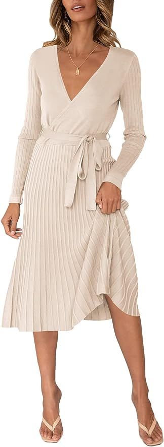 Linsery Women's Ribbed V Neck Long Sleeve Wrap Fitted Knit Pleated Maxi Dress | Amazon (US)