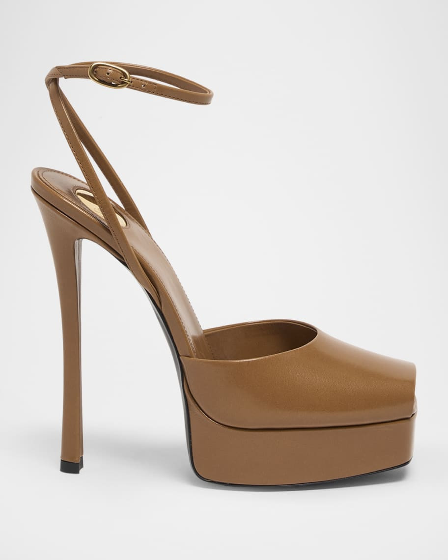 Saint Laurent La Scandale Leather Peep-Toe Platform Sandals | Neiman Marcus