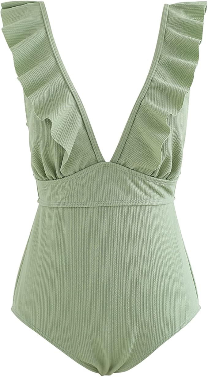 CHICWISH Women's Mustard/Black/Caramel/Turquoise/Mint/Pink Deep-V Lace-Up Ruffle One-Piece Swimsu... | Amazon (US)